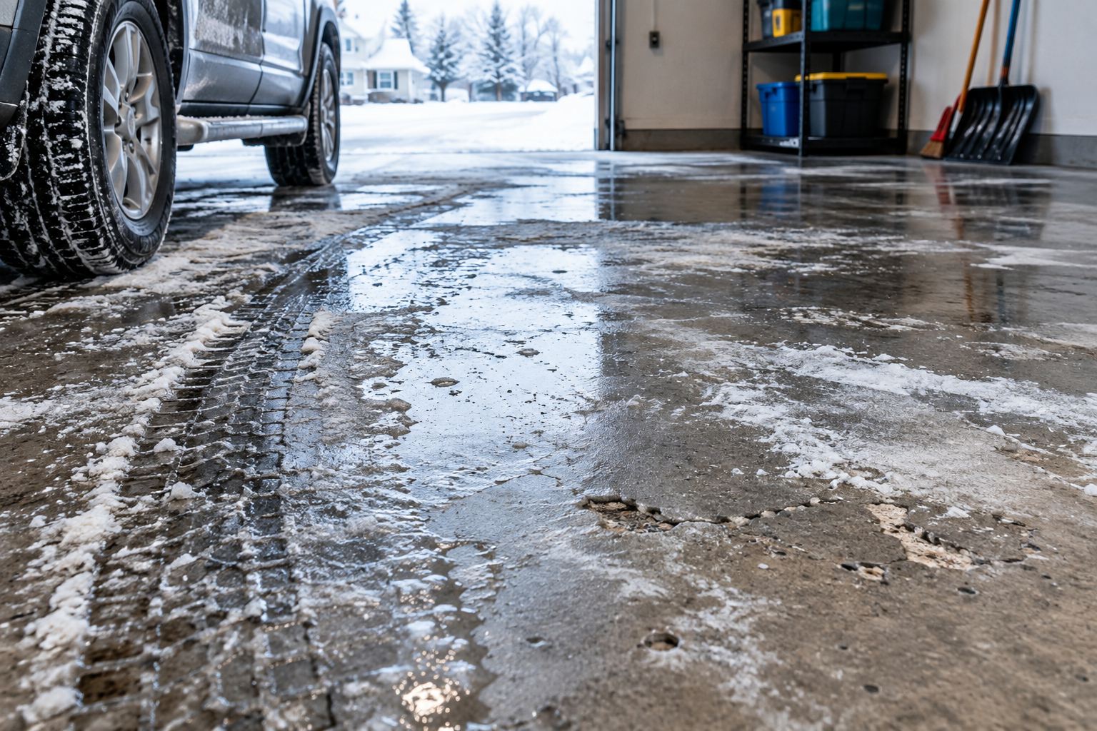 Iowa winter garage floor showing road salt stains, wet tire tracks, and damaged concrete.