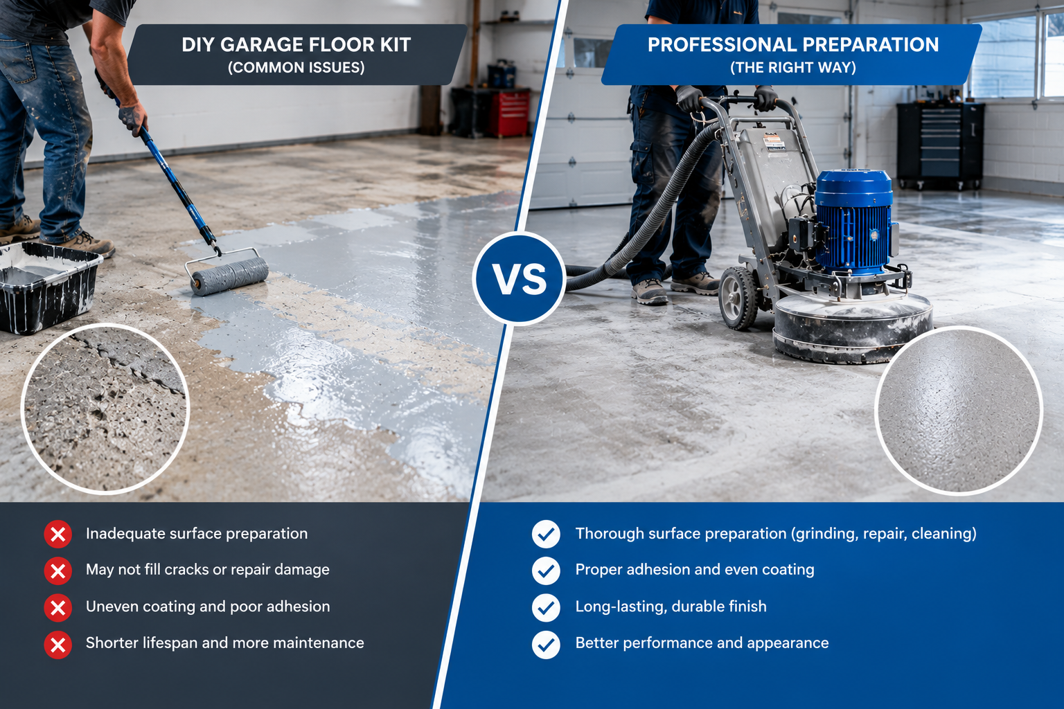 DIY garage floor coating with uneven coverage compared with professional concrete grinding and surface preparation.
