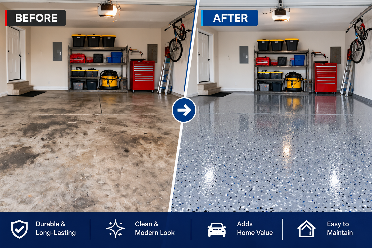 Before and after garage floor transformation from stained concrete to a clean gray decorative flake polyurea coating.