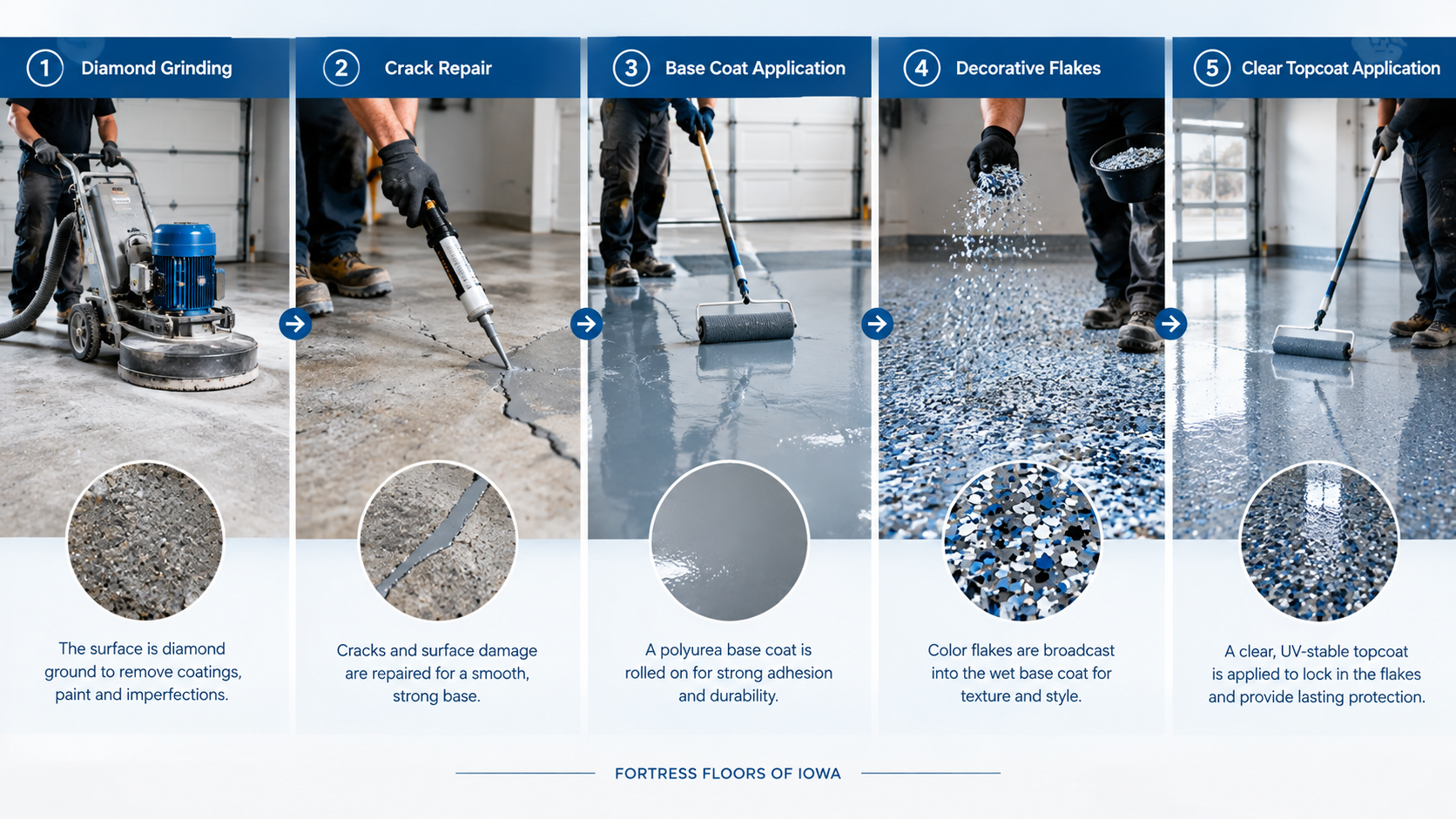 Five stages of polyurea garage floor coating installation, including diamond grinding, crack repair, base coat application, decorative flakes, and clear topcoat application.